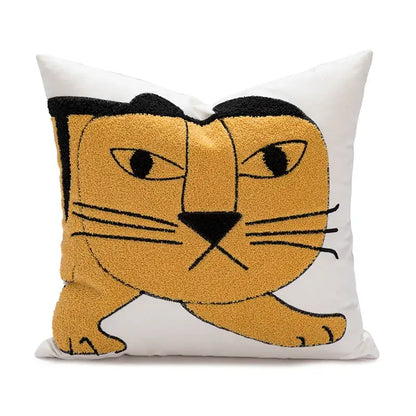 Cartoon tiger embroidered yellow cotton pillow cover bedroom