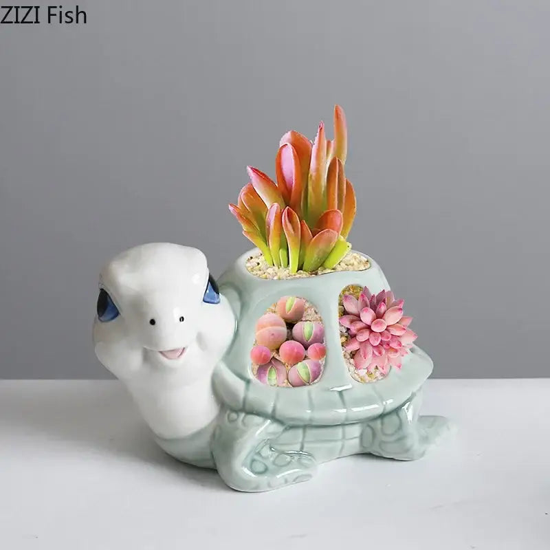 Cartoon turtle ceramic 3 slot planter living room green & white decor