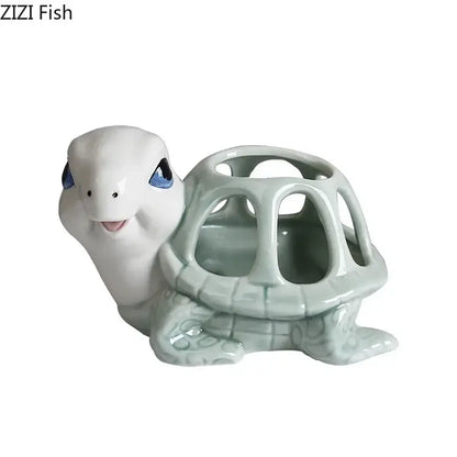 Cartoon turtle ceramic 3 slot planter living room green & white decor