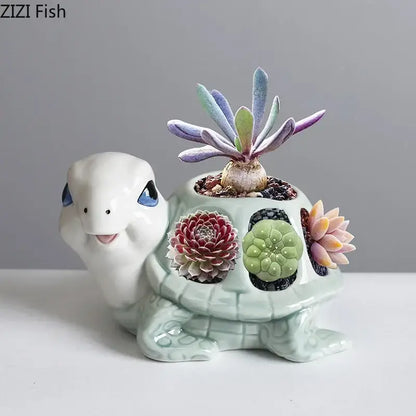 Cartoon turtle ceramic 3 slot planter living room green & white decor