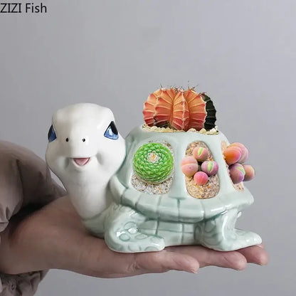 Cartoon turtle ceramic 3 slot planter living room green & white decor