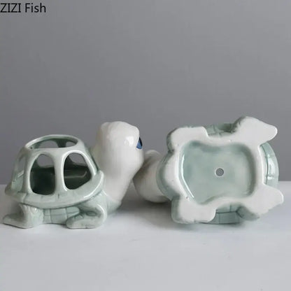 Cartoon turtle ceramic 3 slot planter living room green & white decor