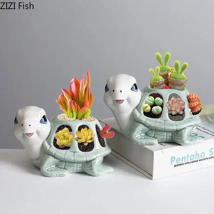 Cartoon turtle ceramic 3 slot planter living room green & white decor