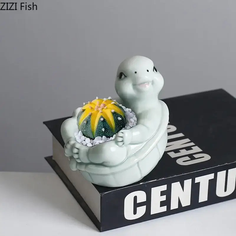 Cartoon turtle ceramic flower vase light green living room decor