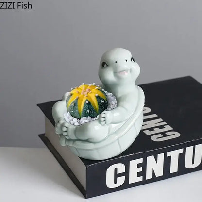 Cartoon turtle ceramic flower vase light green living room decor