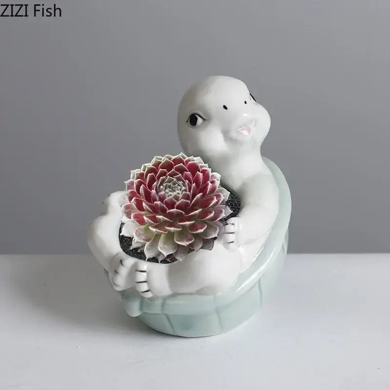 Cartoon turtle ceramic flower vase light green living room decor