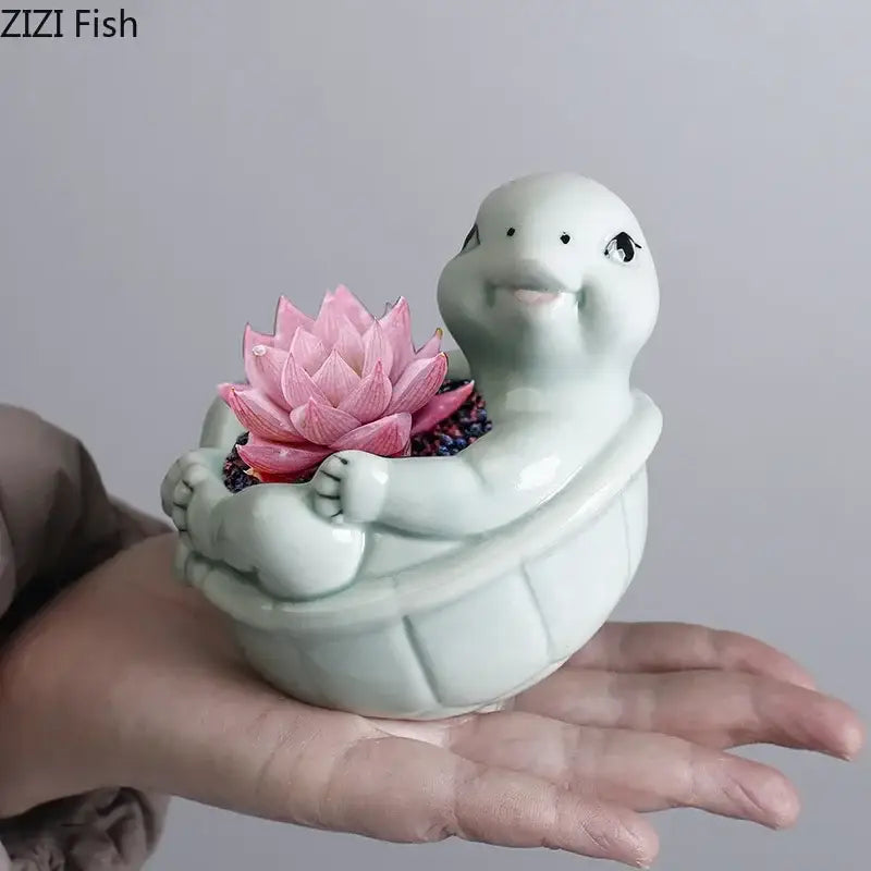 Cartoon turtle ceramic flower vase light green living room decor