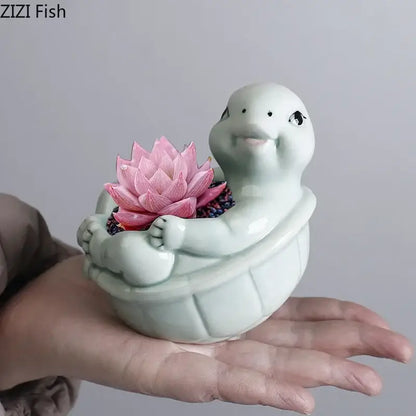 Cartoon turtle ceramic flower vase light green living room decor