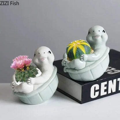 Cartoon turtle ceramic flower vase light green living room decor