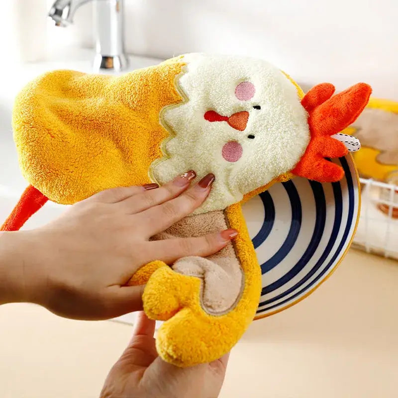 Cartoon yellow & white chicken coral velvet hand towel kitchen decor