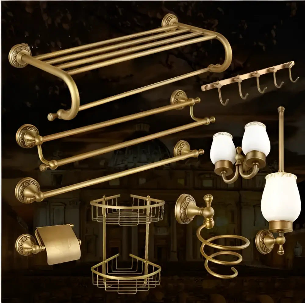 Carved antique bronze brass bathroom hardware set with wall lamps