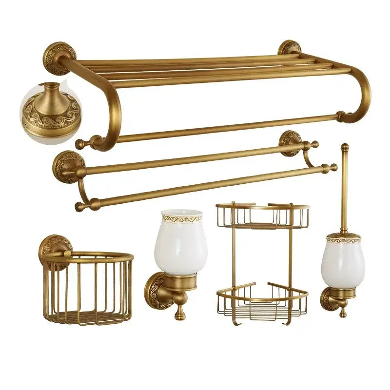 Carved antique bronze brass bathroom hardware set with wall lamps