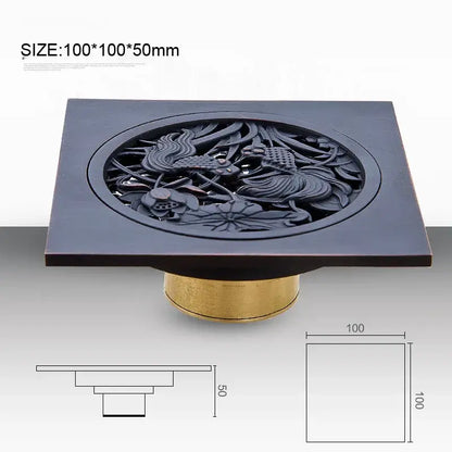 Carved black bronze anti-odor brass floor drain bathroom hardware