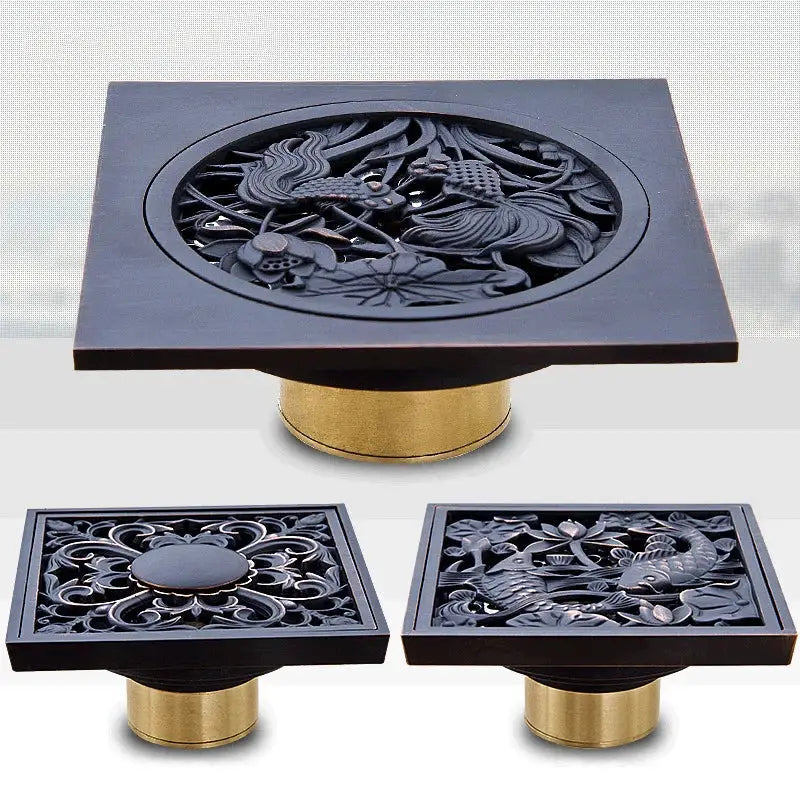 Carved black bronze anti-odor brass floor drain bathroom hardware