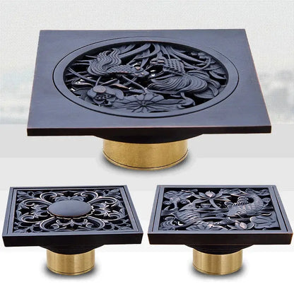 Carved black bronze anti-odor brass floor drain bathroom hardware