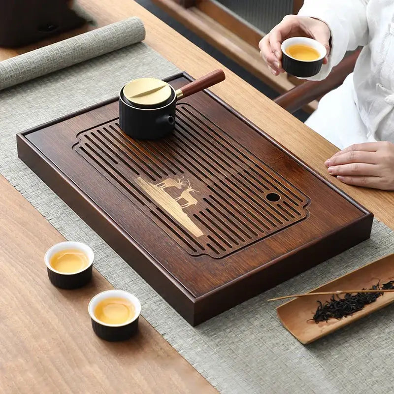 Carved deer dark brown bamboo tea tray dining room drainage board