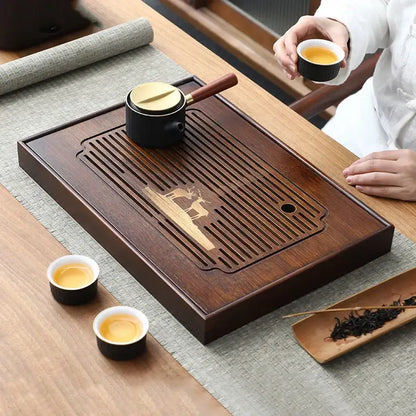 Carved deer dark brown bamboo tea tray dining room drainage board