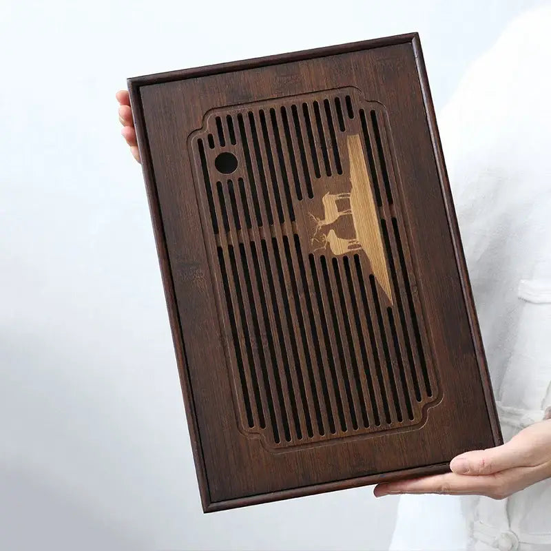 Carved deer dark brown bamboo tea tray dining room drainage board