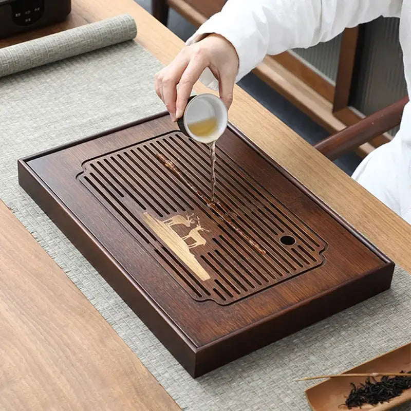 Carved deer dark brown bamboo tea tray dining room drainage board