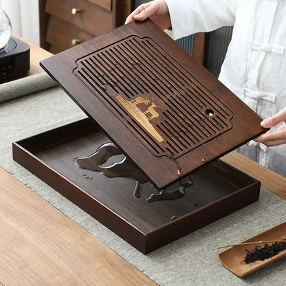 Carved deer dark brown bamboo tea tray dining room drainage board