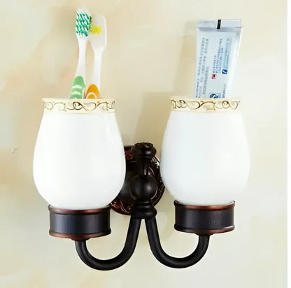 Carved flowers blackened copper bathroom set with white & gold ceramic