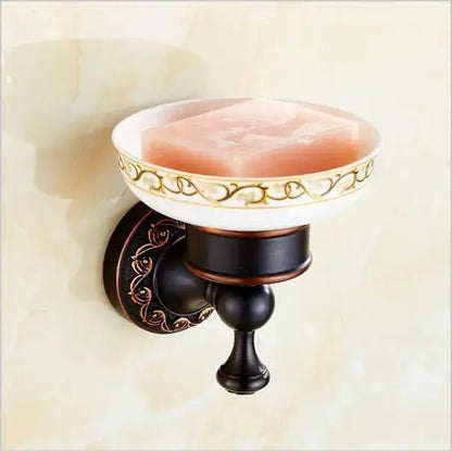 Carved flowers blackened copper bathroom set with white & gold ceramic