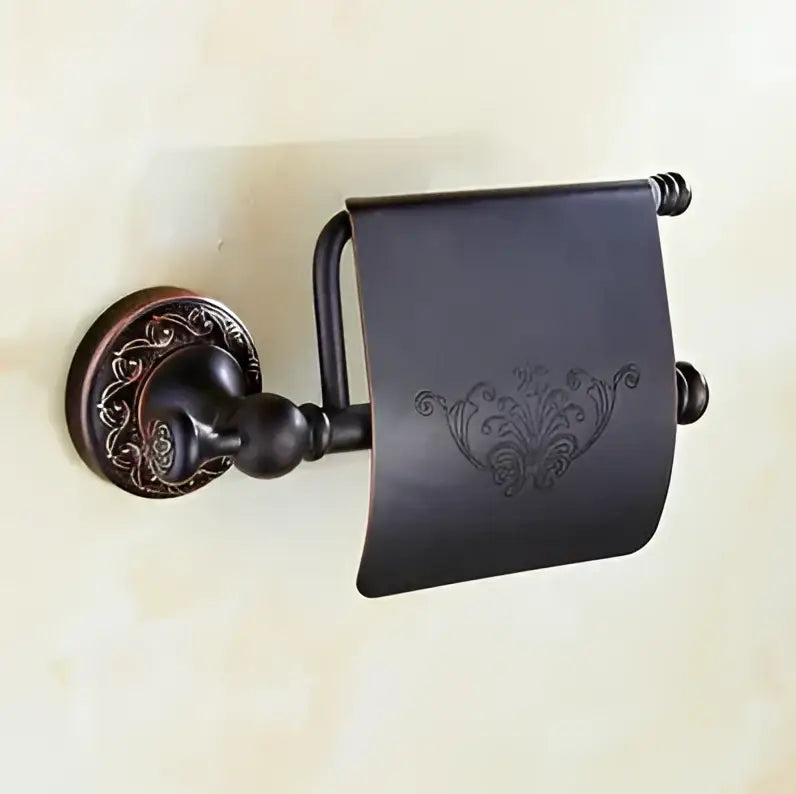 Carved flowers blackened copper bathroom set with white & gold ceramic
