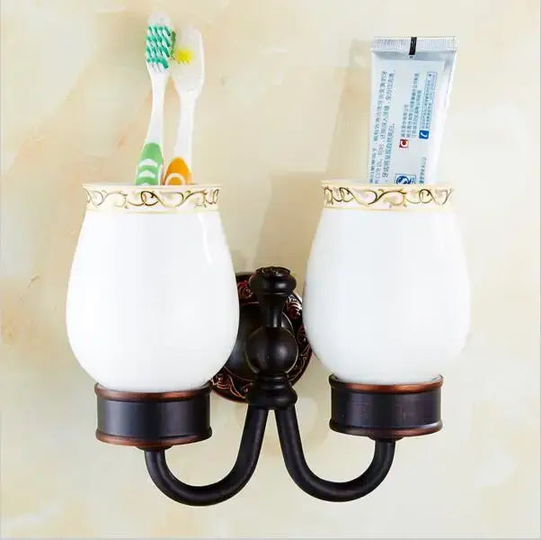Carved flowers blackened copper bathroom set with white & gold ceramic