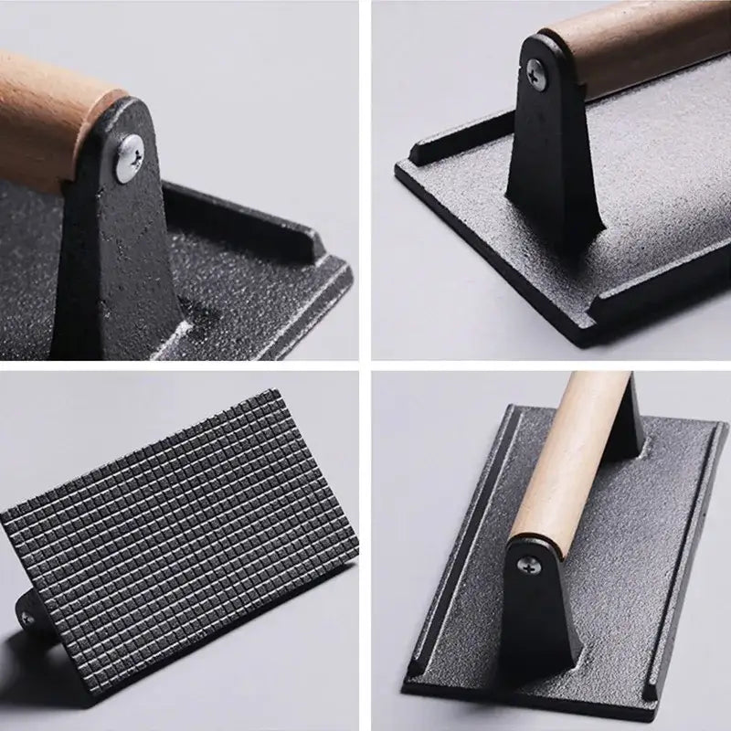 Cast iron steak press plate with grid pattern – kitchen meat tool
