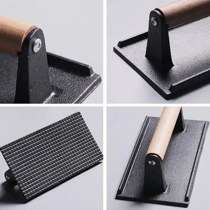 Cast iron steak press plate with grid pattern – kitchen meat tool