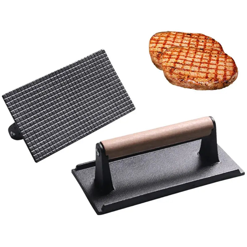 Cast iron steak press plate with grid pattern – kitchen meat tool