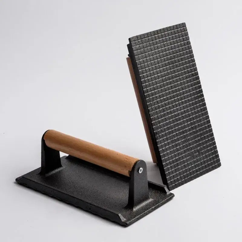 Cast iron steak press plate with grid pattern – kitchen meat tool