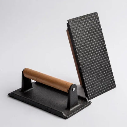 Cast iron steak press plate with grid pattern – kitchen meat tool