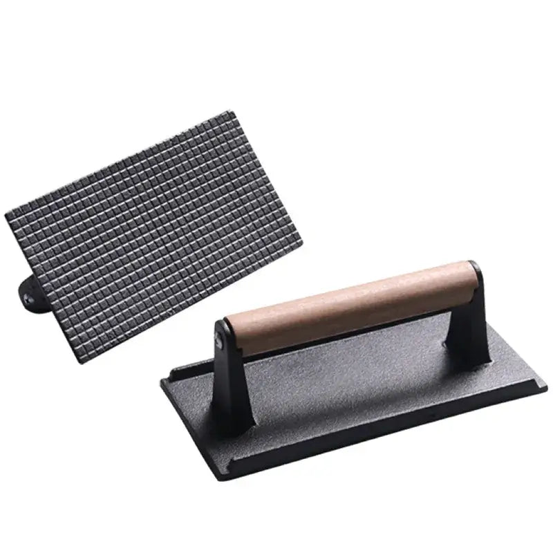 Cast iron steak press plate with grid pattern – kitchen meat tool
