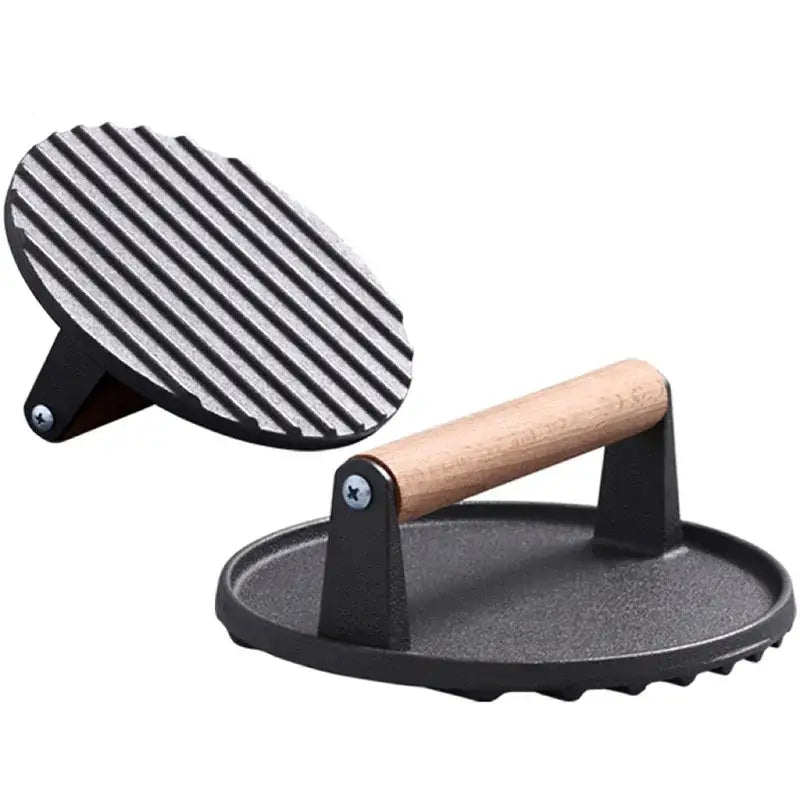 Cast iron steak press plate with wooden handle kitchen tool