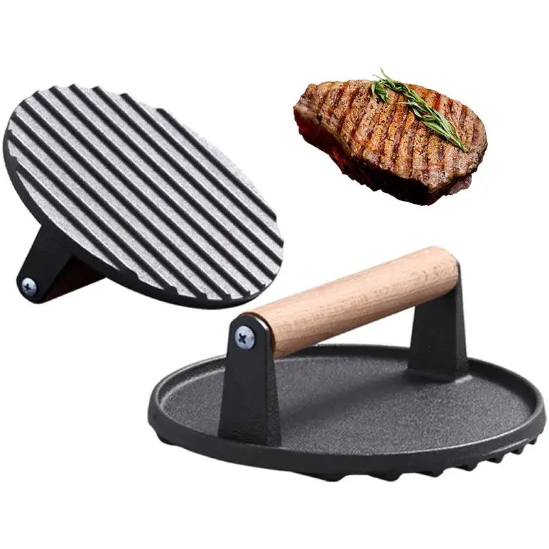 Cast iron steak press plate with wooden handle kitchen tool
