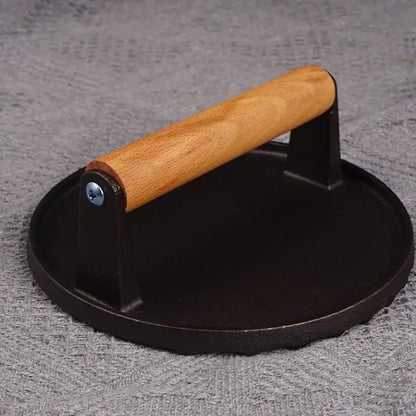 Cast iron steak press plate with wooden handle kitchen tool