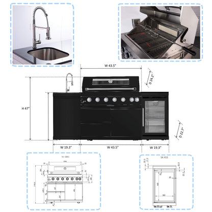 Castelle Flame Avalon 43-Inch 6-Burner 85K BTU Outdoor BBQ Kitchen Grill Island With Wine Fridge, Rotisserie Kit, And Sink (SAK23864)