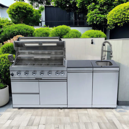 Castelle Flame Granite Outdoor BBQ Kitchen Island With 43-Inch 6-Burner Gas Grill, Rotisserie Kit, Cabinets, And Sink (SAK73518)