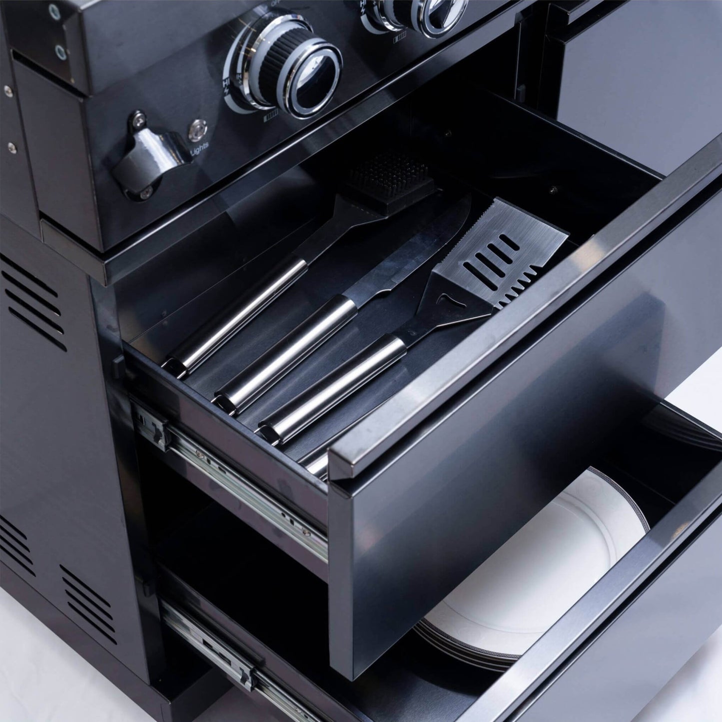 Castelle Flame Premium Black Stainless Steel 6-Burner Gas Grill Kitchen Island With Rotisserie Kit (SAK82641)