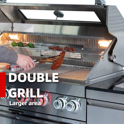 Castelle Flame Stainless Steel Outdoor BBQ Kitchen Island With 46-Inch 4-Burner 85K BTU Grill, Rotisserie Kit, And Cabinets (SAK93192)