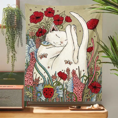 Cat botanical flower wall tapestry cream sleeping cat bedroom decor