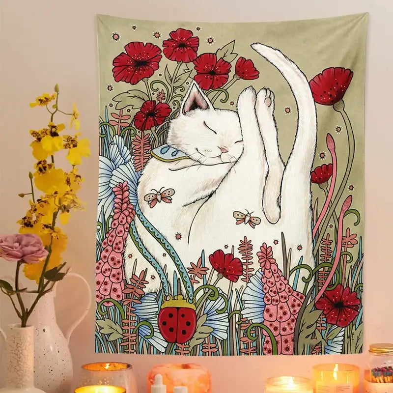 Cat botanical flower wall tapestry cream sleeping cat bedroom decor