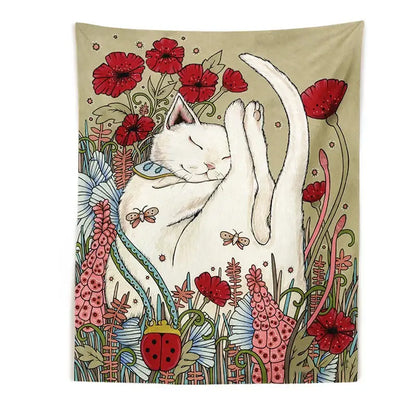 Cat botanical flower wall tapestry cream sleeping cat bedroom decor