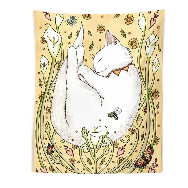 Cat botanical flower wall tapestry cream sleeping cat bedroom decor