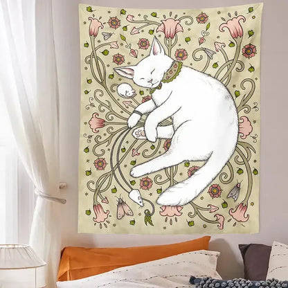 Cat botanical flower wall tapestry cream sleeping cat bedroom decor