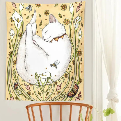Cat botanical flower wall tapestry cream sleeping cat bedroom decor