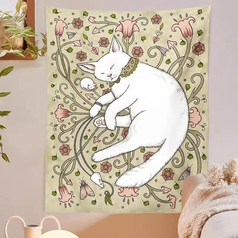 Cat botanical flower wall tapestry cream sleeping cat bedroom decor