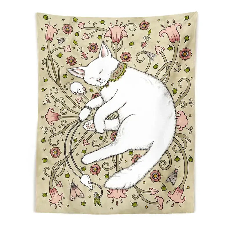 Cat botanical flower wall tapestry cream sleeping cat bedroom decor
