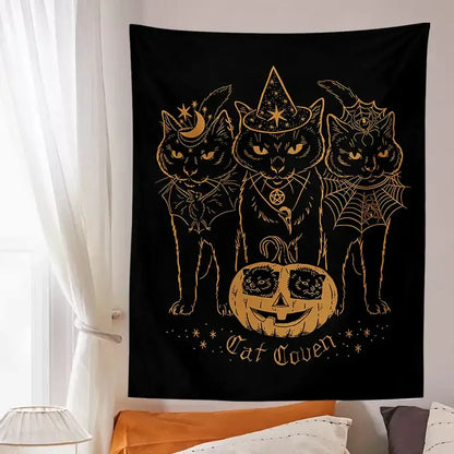 Cat coven witchcraft tapestry gold foil black decor bedroom wall art